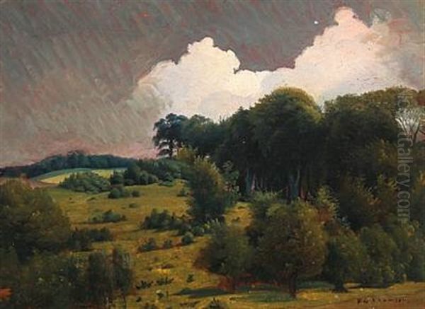 Woodland Scenery With Reddened Sky Oil Painting by Fritz (Frederik Gotfred) Thomsen