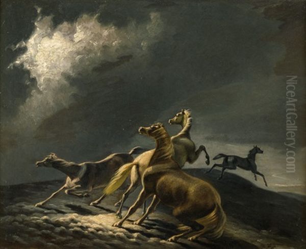 Aufgeschreckte Pferde Bei Unwetter Im Mondlicht Oil Painting by Fritz (Frederik Gotfred) Thomsen