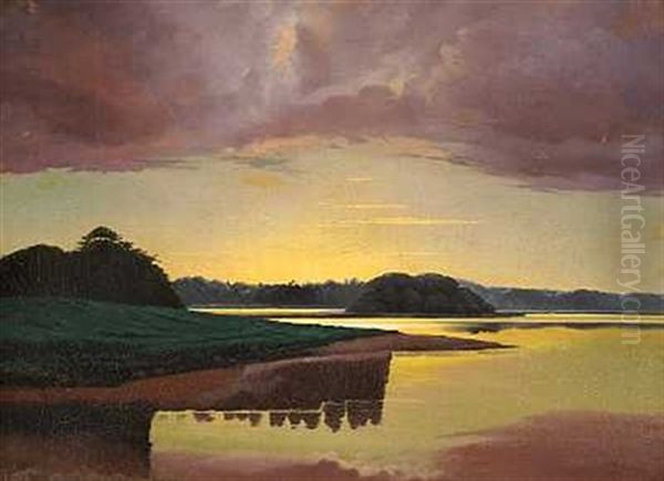 Solnedgang Ved Hellebaekskovene Oil Painting by Fritz (Frederik Gotfred) Thomsen