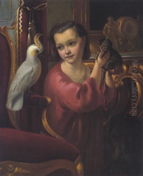 Madchen Mit Katzchen Und Papagei Oil Painting by Fritz (Frederik Gotfred) Thomsen