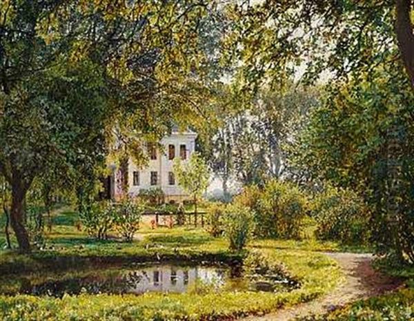 Landstedet Bisholm, To Kvinder Promenerer I Haven, I Forgrunden Lille Dam Oil Painting by Pauline Thomsen