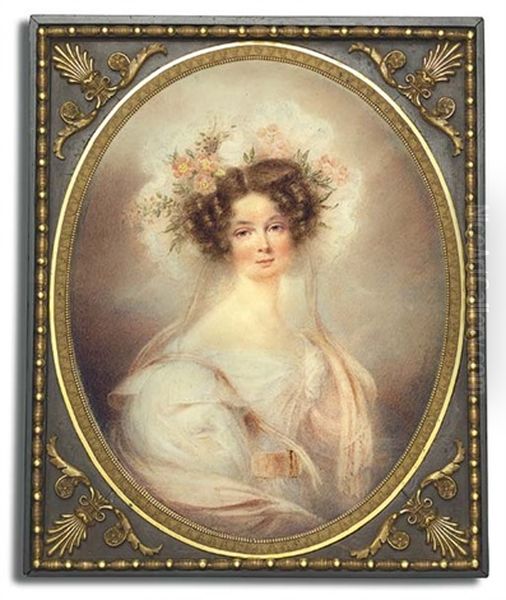 A Young Lady Called Princess Lieven  In White Dress With Voluminous Sleeves, Pink Sash With Gold Buckle And Pink Stole. Elaborate Lace Bonnet Adorned With Pink Roses, Foliage In Her Hair Oil Painting by E.W. Thomson