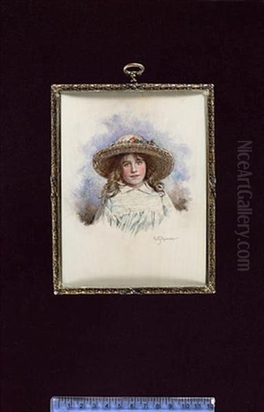 Elizabeth Bowes-lyon, Later Queen Consort, Aged Nine, Wearing Pale Green Smocked Dress And Large Straw Bonnet Decorated With Flowers Oil Painting by Emily Gertrude Thomson