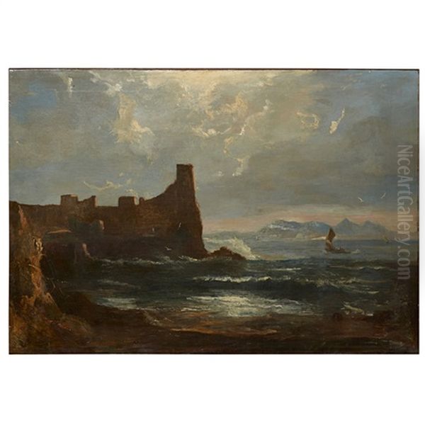 Dunure Castle With Arran In The Distance Oil Painting by John Thomson