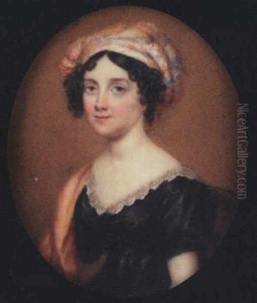 A Lady, Seated, Wearing Black Dress With White Lace Trim, Orange Cloak Over Her Right Shoulder And Plaid Turban In Her Dark Hair Oil Painting by William John Thomson