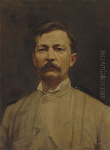 Portrait Of Sir Henry Morton Stanley, Gcb, Half Length In White Tunic And White Shirt And Wing Collar Oil Painting by John Thomson