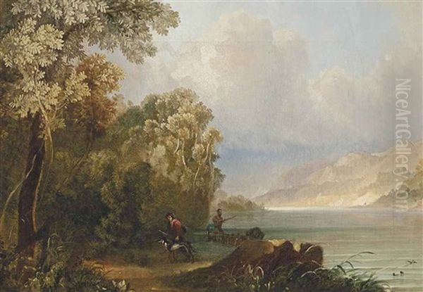 A Wooded Landscape With A Hunter And A Fisher On The Shores Of A Loch, Mountains Beyond Oil Painting by John Thomson