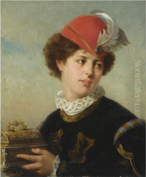 A Young Nobleman Holding A Small Chest Oil Painting by Carl Breitbach