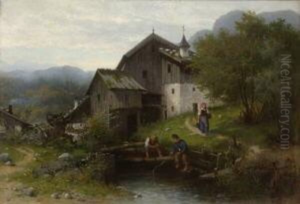 Zwei Kleine Angler Am
 Dorfbach. Oil Painting by Carl Breitbach