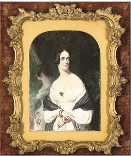 A Lady In White Dress And Lace Stole Wearing Gold Jewellery, Her Reflection In A Gilded Mirror Oil Painting by Robert Thorburn