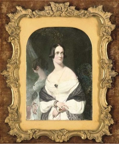 A Young Lady, In Sprigged White Dress With Black Lace Stole Over Her Arms, Gold Brooch At Corsage, Gold Bracelets And Rings, Her Dark Hair Upswept In A Plait; Her Reflection In A Gilded Mirror Oil Painting by Robert Thorburn