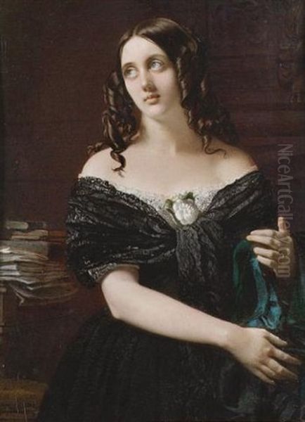 Mrs. Rashleigh, Standing In A Panelled Room, Wearing Black Silk Dress With White Lace Trim And Black Lace Shawl, A White Rose Corsage, Green Silk In Her Hands, Books And Papers On The Table Behind Her Oil Painting by Robert Thorburn