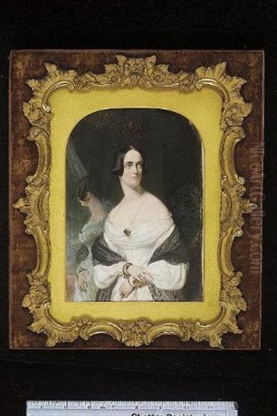 A Lady Standing Beside A Mirror, Wearing White Dress With Lace Neckline, A Black Lace Shawl, A Gold Brooch At Her Corsage, She Wears Gold Bracelets And Rings Oil Painting by Robert Thorburn