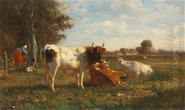 Open Landscape With Cows Oil Painting by Otto von Thoren