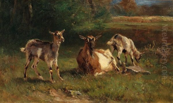 A Goat With Kids Oil Painting by Otto von Thoren