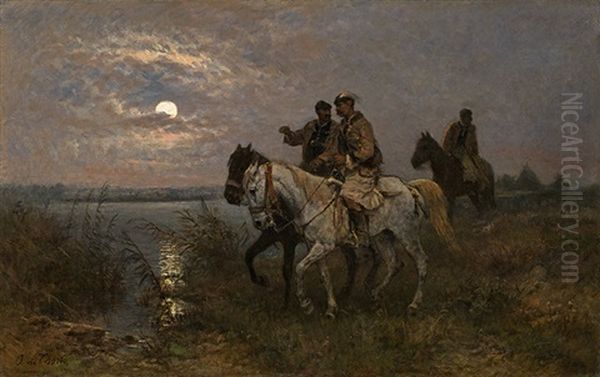 Full Moon Night With Hungarian Horsemen Oil Painting by Otto von Thoren