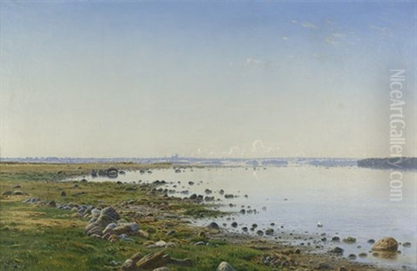 Sommerliche Landschaft Im Roskildefjord Von Der Danischen Insel Eskildso Aus Gesehen, Im Hintergrund Der Dom Von Roskilde Oil Painting by Anton Erik Christian Thorenfeld