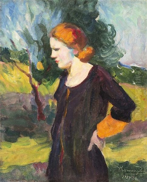 Red Haired Woman Oil Painting by Janos Thorma