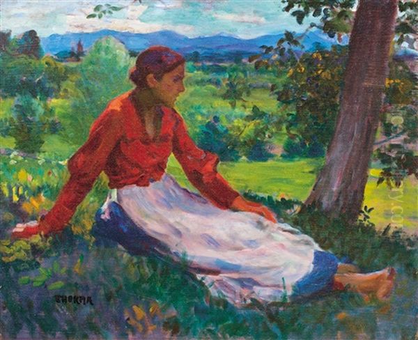 Sitting Woman Oil Painting by Janos Thorma