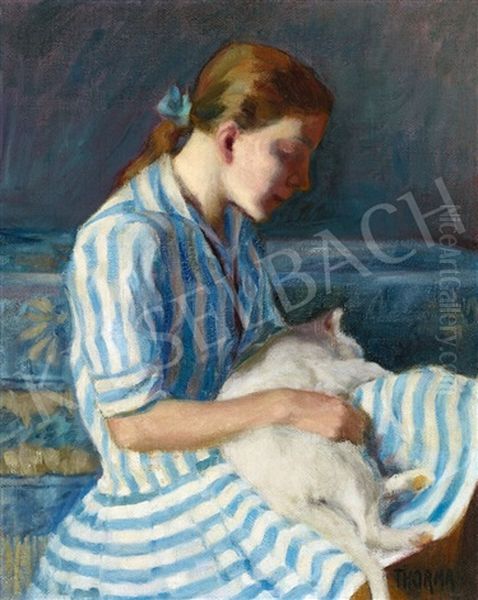 Girl In A Striped Dress (girl With A Cat) Oil Painting by Janos Thorma