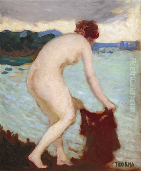 Nude With Veil (on The Waterfront) Oil Painting by Janos Thorma