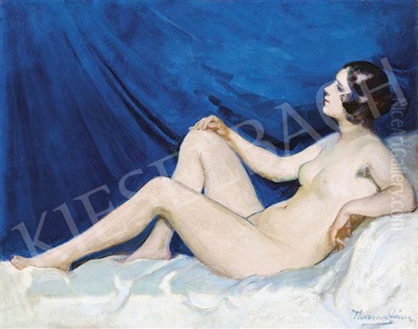 Young Girl (nude With Blue Drapery) Oil Painting by Janos Thorma