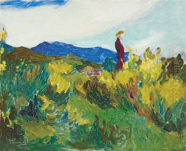 Girl On A Hillside Oil Painting by Janos Thorma