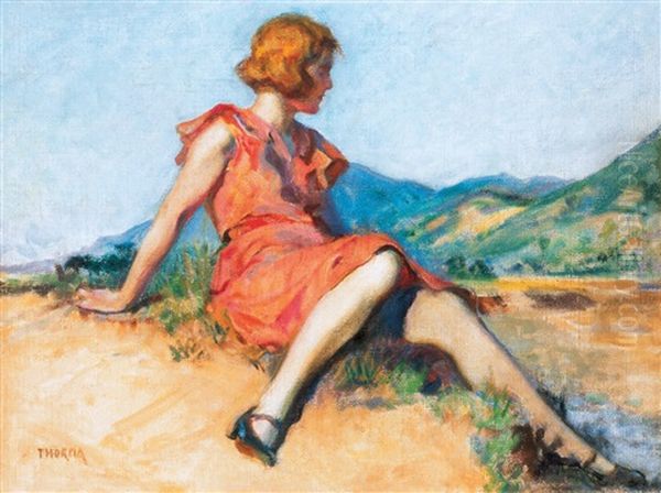 Girl Sitting On A Hill In Red Dress Oil Painting by Janos Thorma