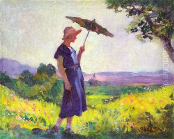 Lady With Parasol Oil Painting by Janos Thorma