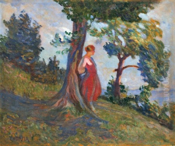 Woman On The Hillside Oil Painting by Janos Thorma