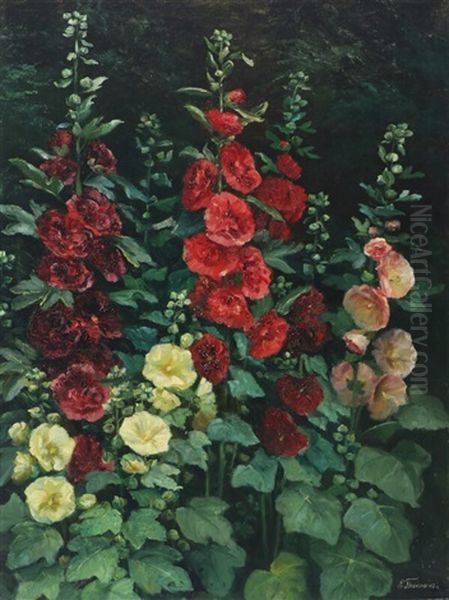 Flowering Hollyhocks Oil Painting by Emmy Thornam