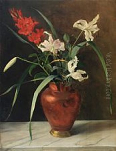 Flowers In A Vase On A Stone Sill Oil Painting by Emmy Thornam