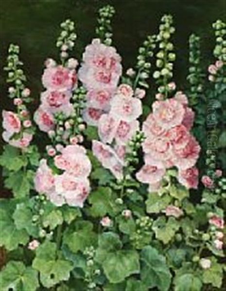 Red Hollyhocks Oil Painting by Emmy Thornam