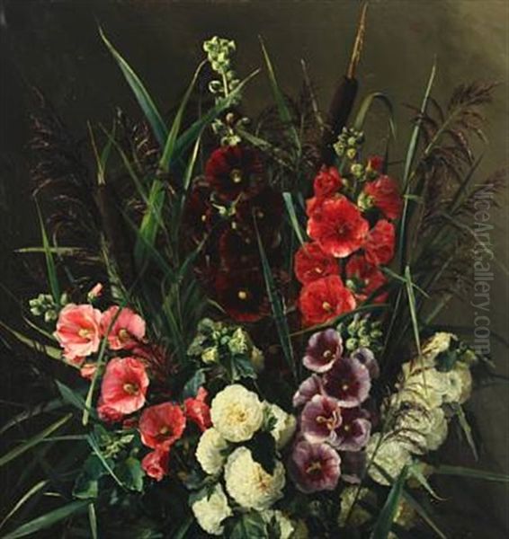 Still Life With Hollyhocks And Reed Oil Painting by Emmy Thornam