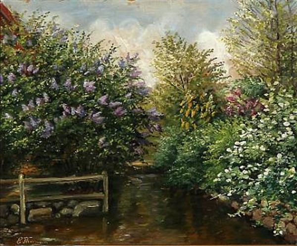 Blooming Lilacs At A Stream Oil Painting by Emmy Thornam