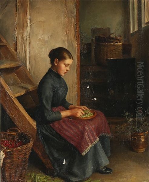 Kitchen Interior With A Girl Shelling Peas by Ludovica Thornam