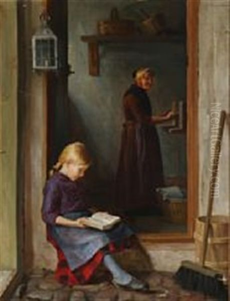 A Girl Reads On A Doorstep Oil Painting by Ludovica Thornam