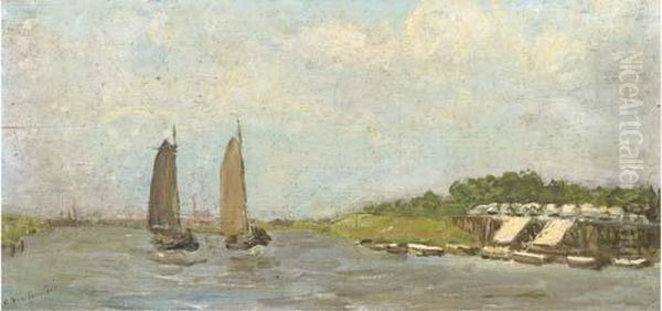 Sailing Vessels On A River Oil Painting by Carl August Breitenstein