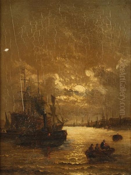 Moonlit Harbor Oil Painting by William A. Thornberry