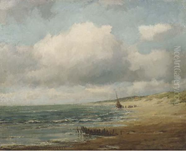 Aan Het Noordzeestrand: Beach With A Bomschuit Oil Painting by Carl August Breitenstein