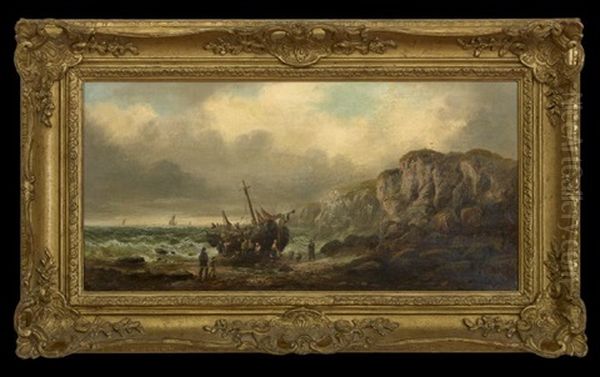 Coastal View With Fishermen Unloading Their Boats Oil Painting by William A. Thornbery