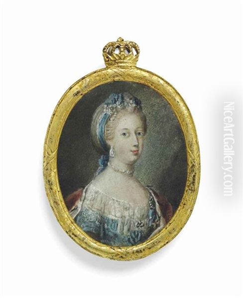 Caroline-mathilde Of Hanover (1751-1775), Queen Of Denmark, In Lace-bordered Blue Dress, Ermine-bordered Red Cloak Over Her Shoulders Oil Painting by Andreas Thornborg