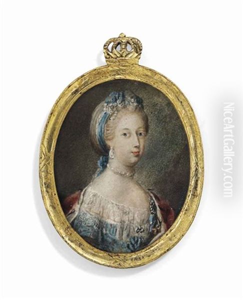 Caroline-mathilde (1751-1775), Queen Of Denmark, In Lace-bordered Blue Dress, Ermine-bordered Red Cloak Over Her Shoulders, Pearl Necklace, Earring, Pearls Entwined With Blue Ribbons In Her Hair Oil Painting by Andreas Thornborg