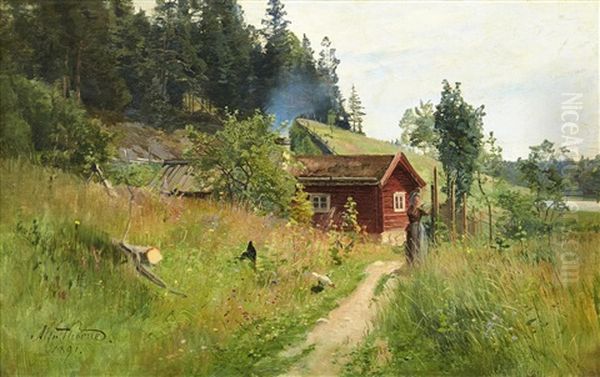 Sommaridyll Med Kvinna Vid Stuga Oil Painting by Alfred Thoerne