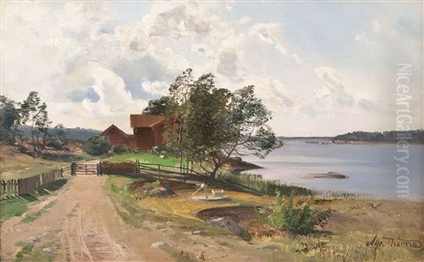 Schwedischer Bauernhof In Sommerlicher Fluslandschaft Oil Painting by Alfred Thoerne