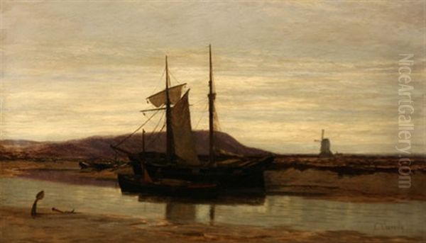 Beached Fishing Vessel With Windmill In The Distance Oil Painting by Charles Thornely