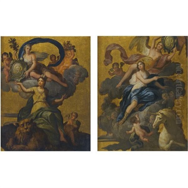 Classical Personifications Of England And Scotland Bearing Armorial Shields Monogramed With The King's Initials (pair) Oil Painting by Sir James Thornhill