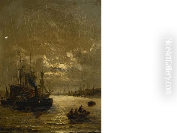 Moonlight - The Thames At Northfleet Oil Painting by Charles Thornley