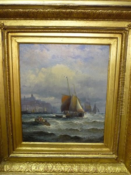 Fishing Boats Off A Harbour With A Lighthouse Nearby Oil Painting by Charles Thornley