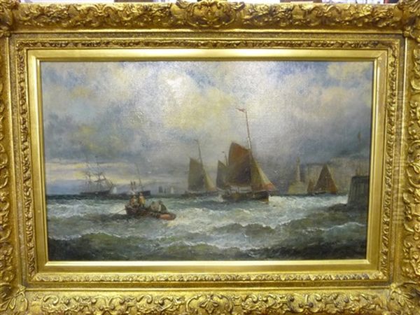 Fishing Boats Off A Coastline With Figures In A Small Boat Oil Painting by Charles Thornley